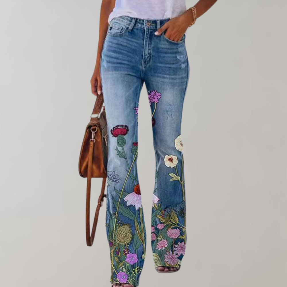 Women's Floral Print Flared Jeans - High-Rise Fit