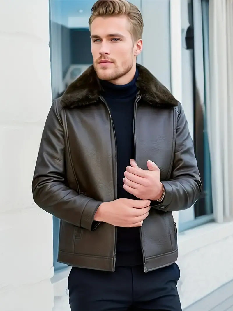 Men's Brown Leather Jacket - Stylish & Warm Fur Collar