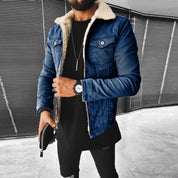 Men's Dark Blue Button-Front Jacket - Contrasting Collar with Chest Pockets