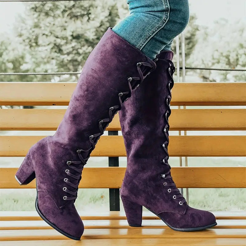 Women's Knee-High Boots - Lace-Up with Block Heel Design