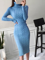 Women's Knitted Jumper Dress - Fitted with Cable Knit Pattern