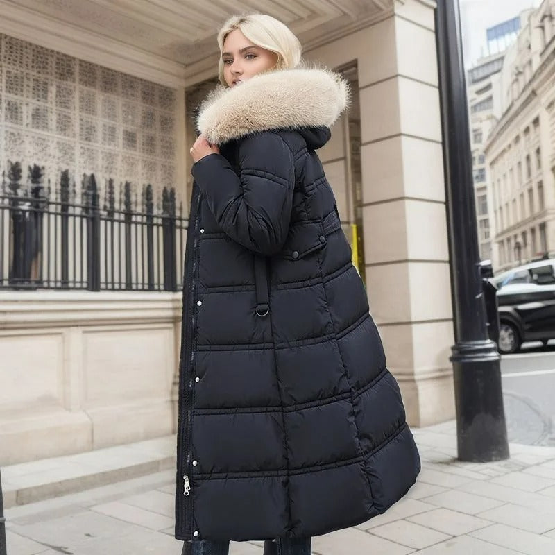 Women's Winter Padded Parka - Drawstring Waist and Detachable Fluffy Hood