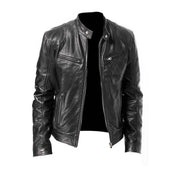 Men's Leather Jacket - Biker Style with Stand-Up Collar