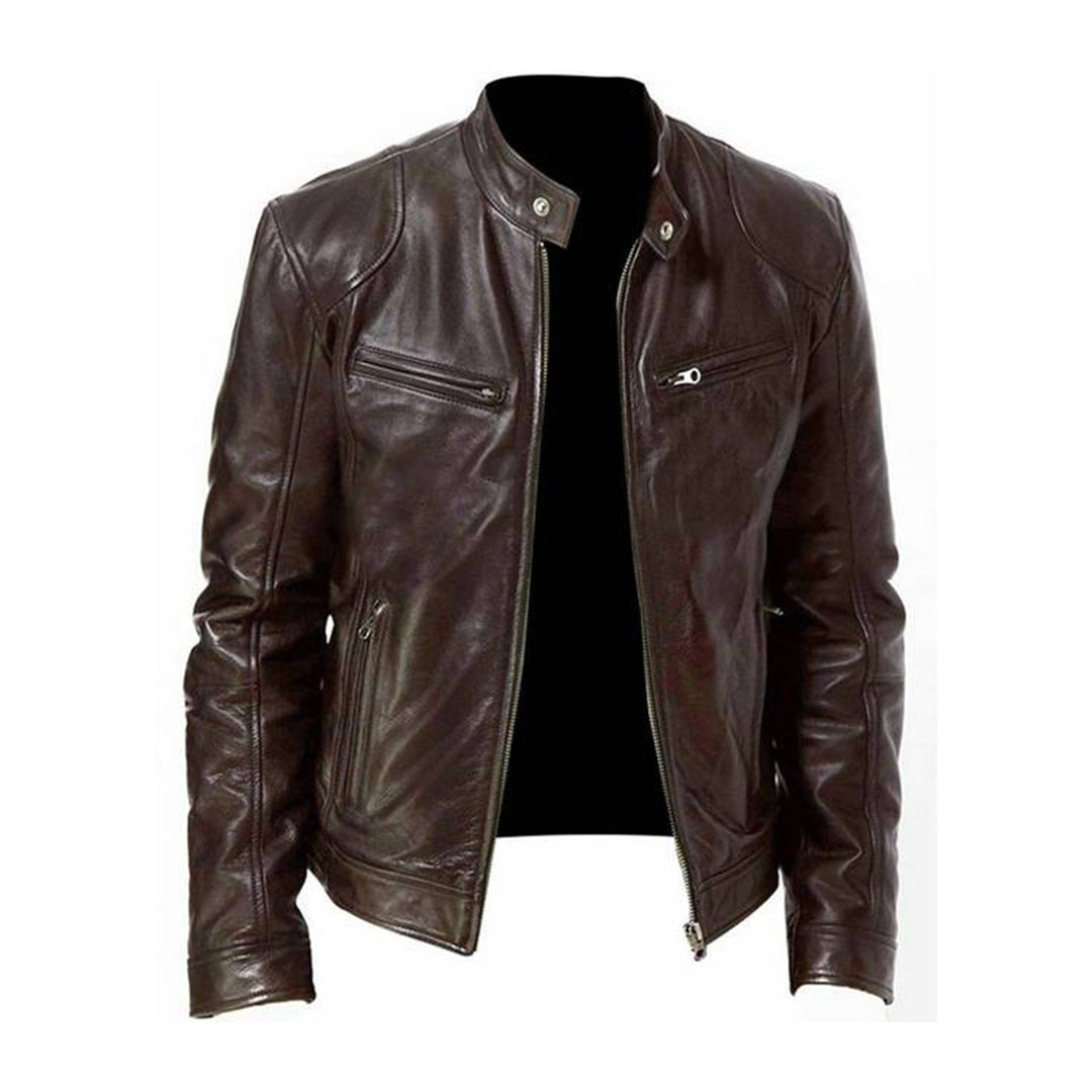 Men's Leather Jacket - Biker Style with Stand-Up Collar