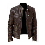 Men's Leather Jacket - Biker Style with Stand-Up Collar