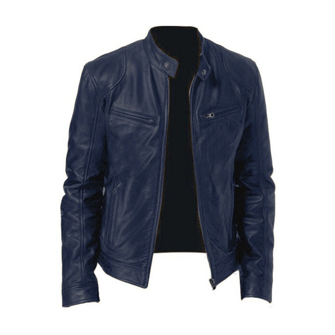 Men's Leather Jacket - Biker Style with Stand-Up Collar