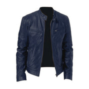 Men's Leather Jacket - Biker Style with Stand-Up Collar