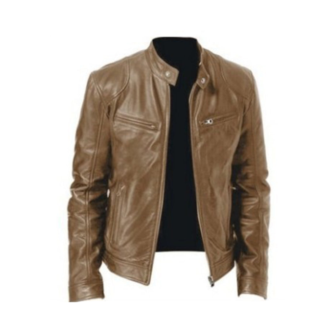 Men's Leather Jacket - Biker Style with Stand-Up Collar