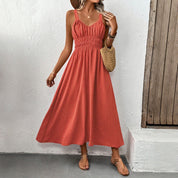 Women's Sleeveless Maxi Dress - Smocked Bodice Elegant Solid Color