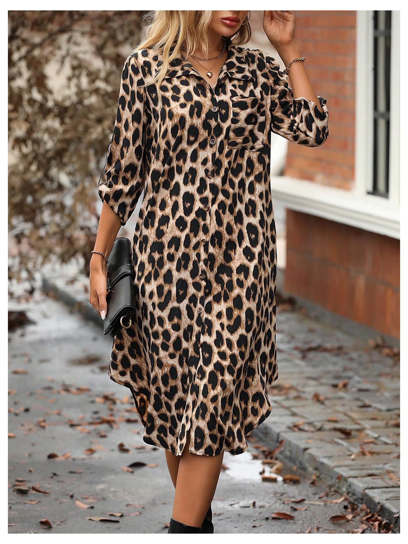 Women's Leopard Print Button-Up Midi Dress - Versatile Casual & Elegant