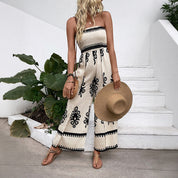 Women's Apricot Strapless Wide-Leg Jumpsuit - Embroidered Detail, Chic Summer