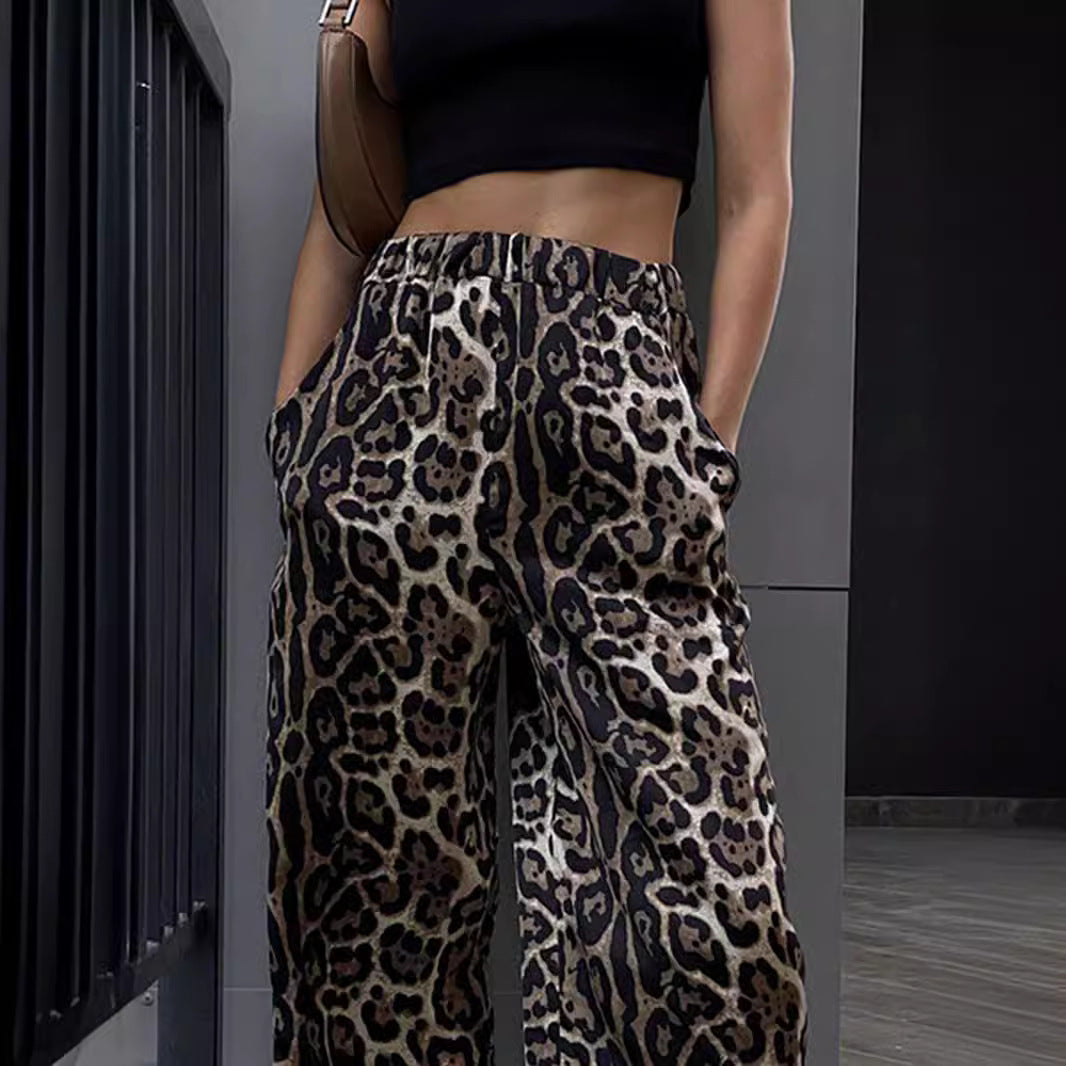 Women's Black Leopard Print Drawstring Trousers - Comfortable Cuffed