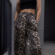 Women's Black Leopard Print Drawstring Trousers - Comfortable Cuffed