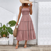 Women's Tiered Midi Dress - Ruched Bodice, Versatile Summer