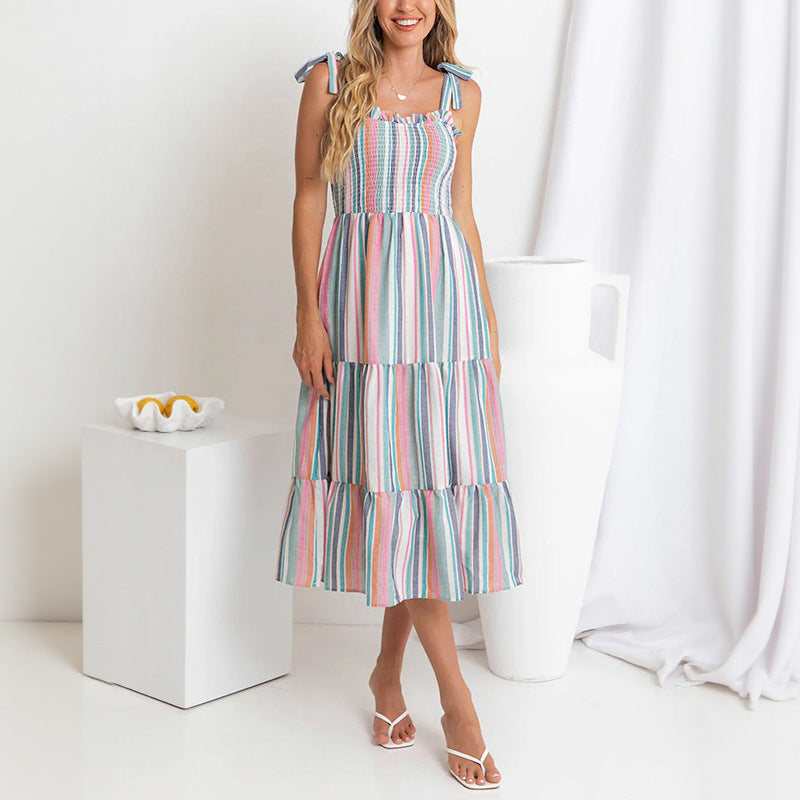 Women's Pink Striped Midi Summer Dress - Tiered, Flowy & Lightweight