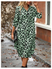 Women's Leopard Print Button-Up Midi Dress - Versatile Casual & Elegant