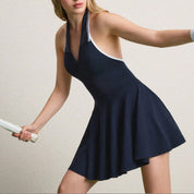 Women's Navy Blue Sporty Halter Neck Tennis Dress - Breathable Lightweight Performance