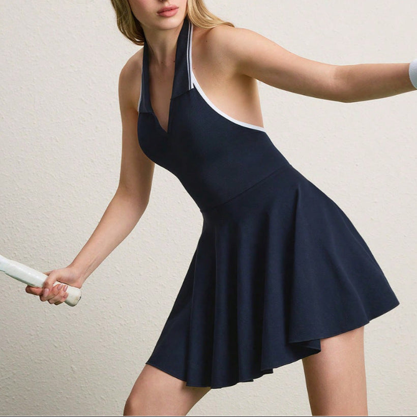 Women's Navy Blue Sporty Halter Neck Tennis Dress - Breathable Lightweight Performance