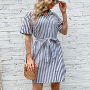 Women's Grey Striped Shirt Dress - Button-Up, Versatile Casual