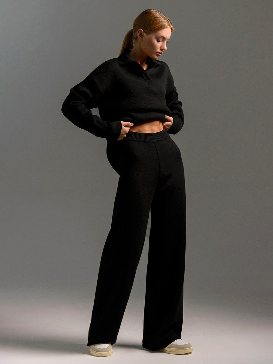 Women's Loungewear Set - Polo Neck Jumper & Wide Leg Trousers
