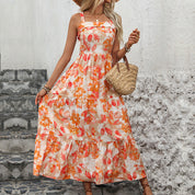 Women's Light Orange Tiered Floral Midi Dress - Spaghetti Straps, Flowy Summer