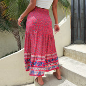 Women's Red Tiered Bohemian Floral Midi Skirt - Flowy, Versatile Summer
