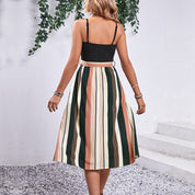 Women's Black Striped A-Line Dress - Chain Detail Bow Waist Casual