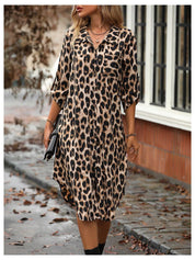 Women's Leopard Print Button-Up Midi Dress - Versatile Casual & Elegant