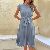 Women's Pleated A-Line Dress - Adjustable Tie Waist Midi Style