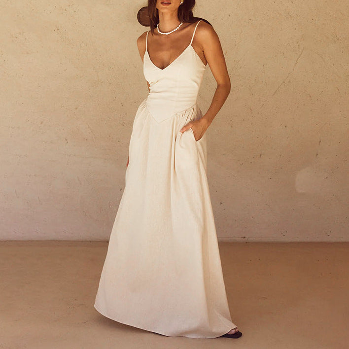 Women's Flowing Spaghetti Strap Maxi Dress - V-Neck Summer Casual