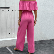 Women's Pink Off-Shoulder Wide-Leg Jumpsuit - Breathable Summer Style