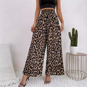 Women's Leopard Print Wide Trousers - Flowing Material Elastic Waist