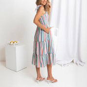 Women's Pink Striped Midi Summer Dress - Tiered, Flowy & Lightweight