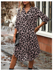 Women's Leopard Print Button-Up Midi Dress - Versatile Casual & Elegant