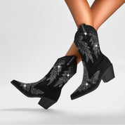 Women's Black Mid-Calf Cowboy Boots - Rhinestone & Suede