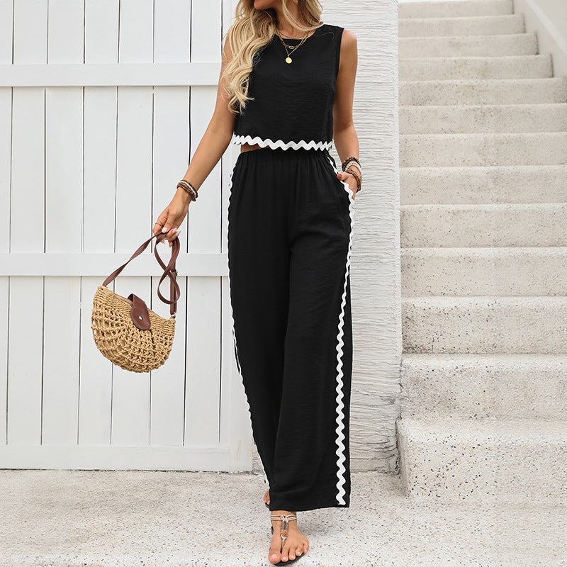 Women's Black Crop Top & Palazzo Trousers Set - Wide Leg, Comfortable Summer