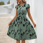 Women's A-Line Pleated Dress - Abstract Print Tie Waist Style
