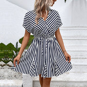 Women's Dark Blue Striped Wrap Dress - Pockets, Flowy Summer