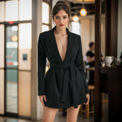 Women's Black Blazer Dress - Deep V-Neck with Tie Waist