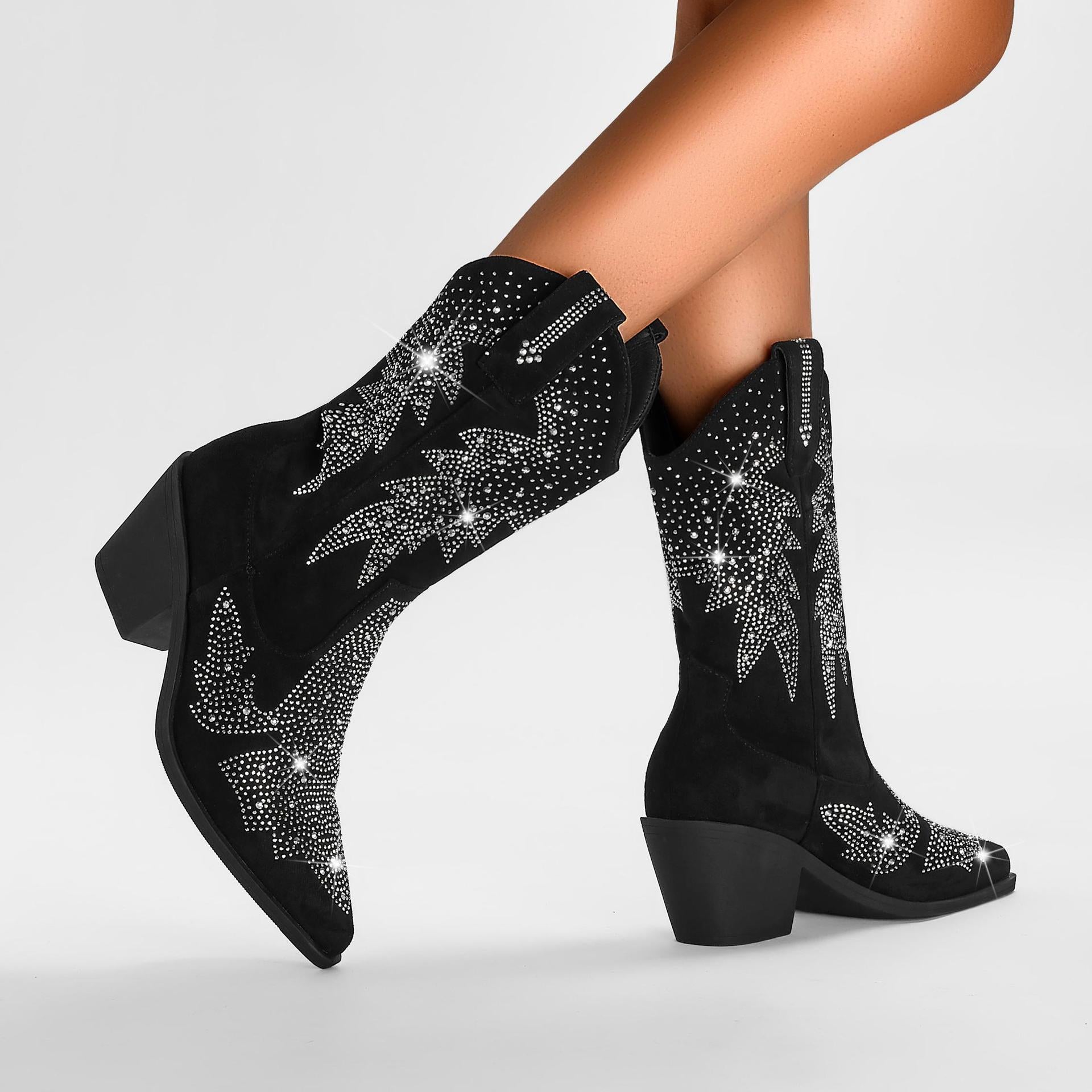 Women's Black Mid-Calf Cowboy Boots - Rhinestone & Suede
