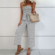Women's Strapless Wide-Leg Jumpsuit - Button Details, Comfortable Summer