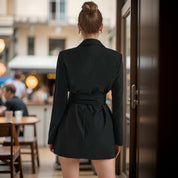 Women's Black Blazer Dress - Deep V-Neck with Tie Waist