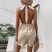 Women's Khaki Pleated Halter Neck Playsuit - Keyhole Detail