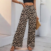 Women's Black Leopard Print Wide-Leg Trousers- Loose Fit, Adjustable Waist