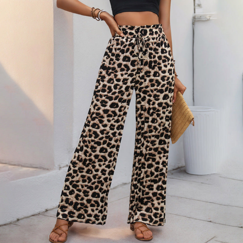 Women's Black Leopard Print Wide-Leg Trousers- Loose Fit, Adjustable Waist