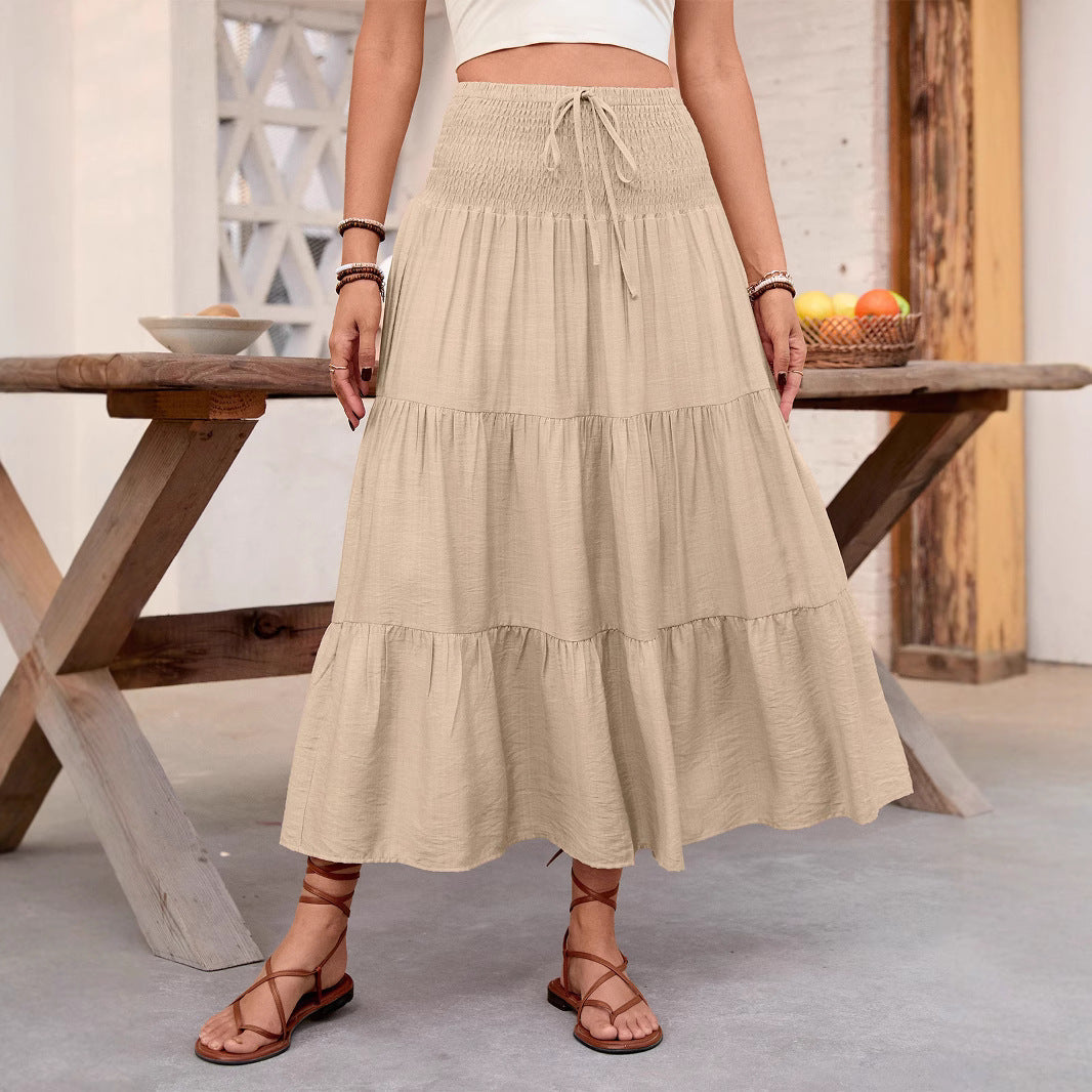 Women's Khaki Tiered Midi Skirt - Adjustable Drawstring, Flattering & Versatile