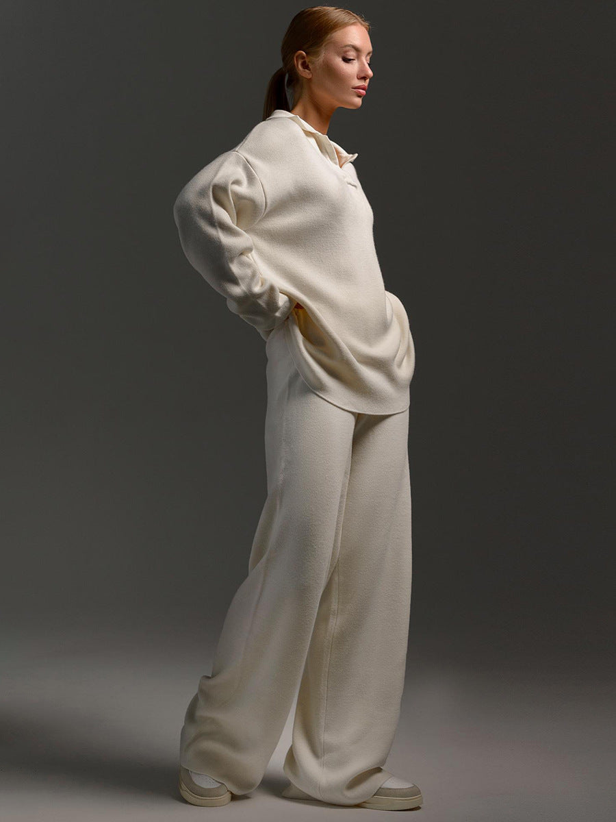 Women's Loungewear Set - Polo Neck Jumper & Wide Leg Trousers