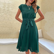 Women's Pleated A-Line Dress - Adjustable Tie Waist Midi Style