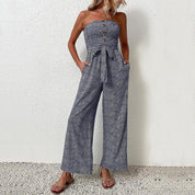 Women's Strapless Wide-Leg Jumpsuit - Button Details, Comfortable Summer