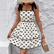 Women's Off-White Tiered Summer Dress - Bow Straps, Flowy & Playful